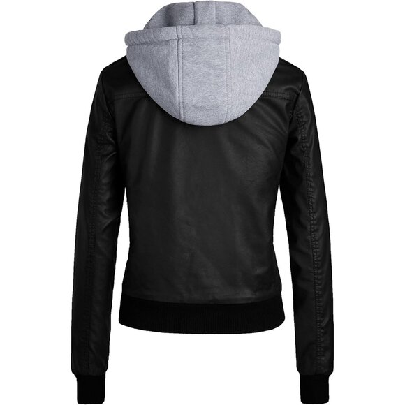 Wantdo Women Black-1 Motorcycle Short PU Faux Leather Jacket with Removable Hood - Picture 2 of 7